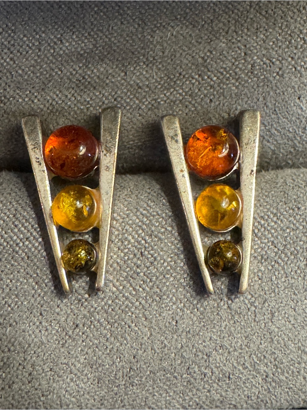 Sterling Silver Multicolor Amber Modernist Earrings Cognac Honey Green